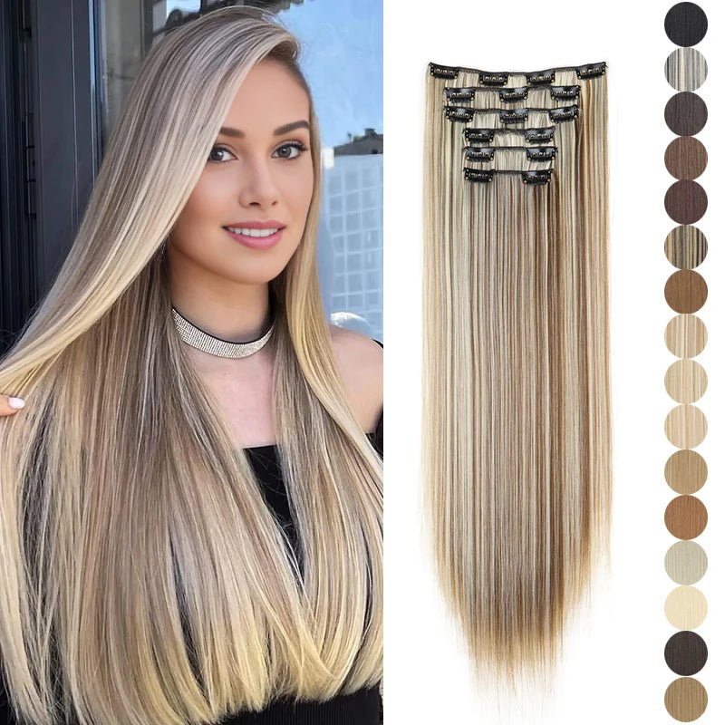 24-Inch Synthetic Clip-In Hair Extensions – 16 Clips, Long Straight Heat-Resistant Hairpiece | Blonde & Black - sensationmarketsensationmarket14:200744749#61324-Inch Synthetic Clip-In Hair Extensions – 16 Clips, Long Straight Heat-Resistant Hairpiece | Blonde & Black613