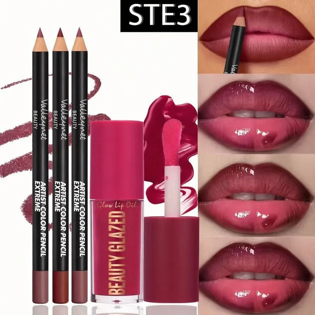 4-Piece Lip Kit Set – 3 Waterproof Lip Liners + 1 Matte Lip Glaze | Long-Lasting for Casual & Formal Looks - sensationmarketsensationmarket200001176:200004889#set 14-Piece Lip Kit Set – 3 Waterproof Lip Liners + 1 Matte Lip Glaze | Long-Lasting for Casual & Formal Looksset 1