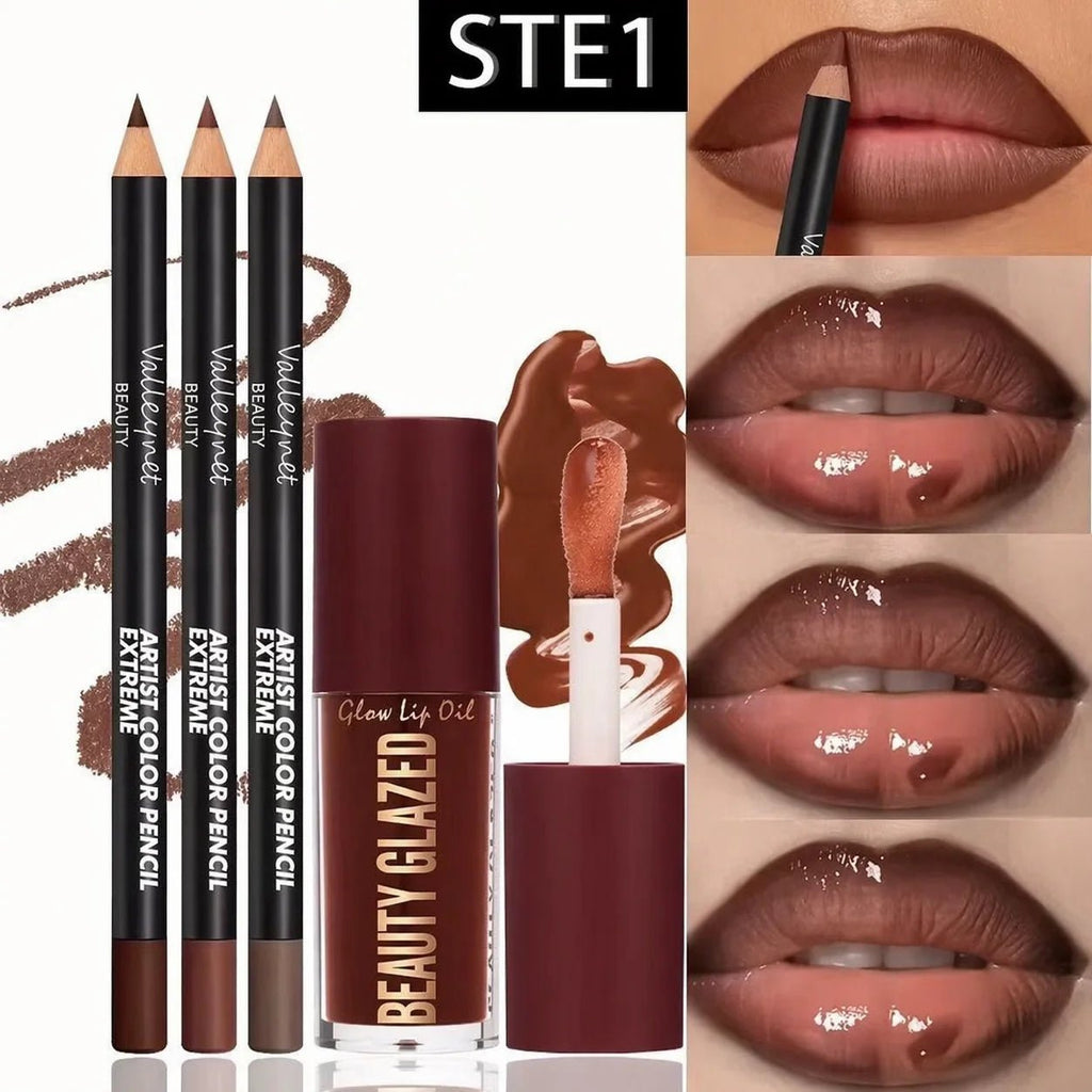 4-Piece Lip Kit Set – 3 Waterproof Lip Liners + 1 Matte Lip Glaze | Long-Lasting for Casual & Formal Looks - sensationmarketsensationmarket200001176:200004889#set 14-Piece Lip Kit Set – 3 Waterproof Lip Liners + 1 Matte Lip Glaze | Long-Lasting for Casual & Formal Looksset 1