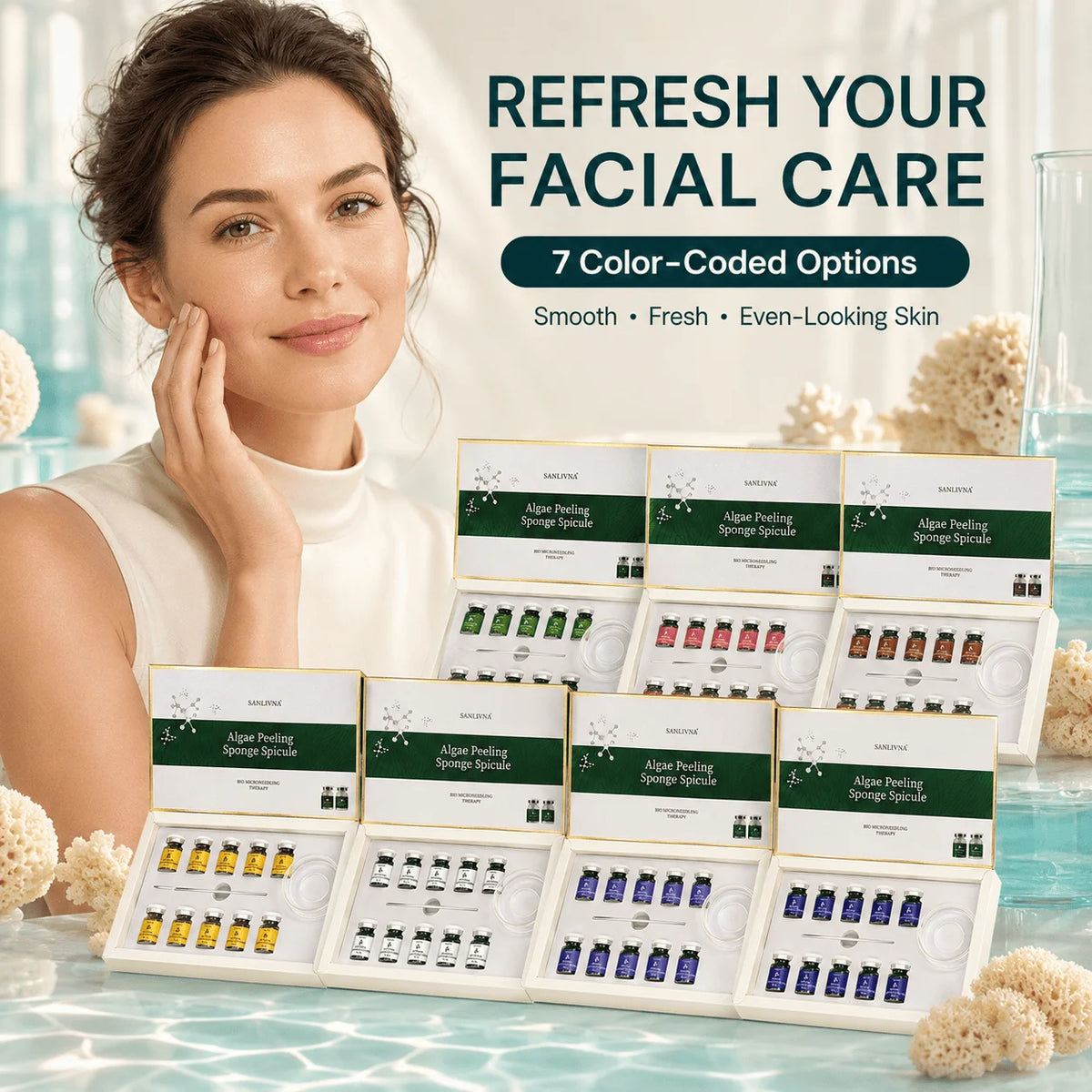 Kit facial de polvo exfoliante de algas SANENDI – Polvo de espículas de algas marinas y solución | 10 viales para hidratación profunda y renovación de la piel