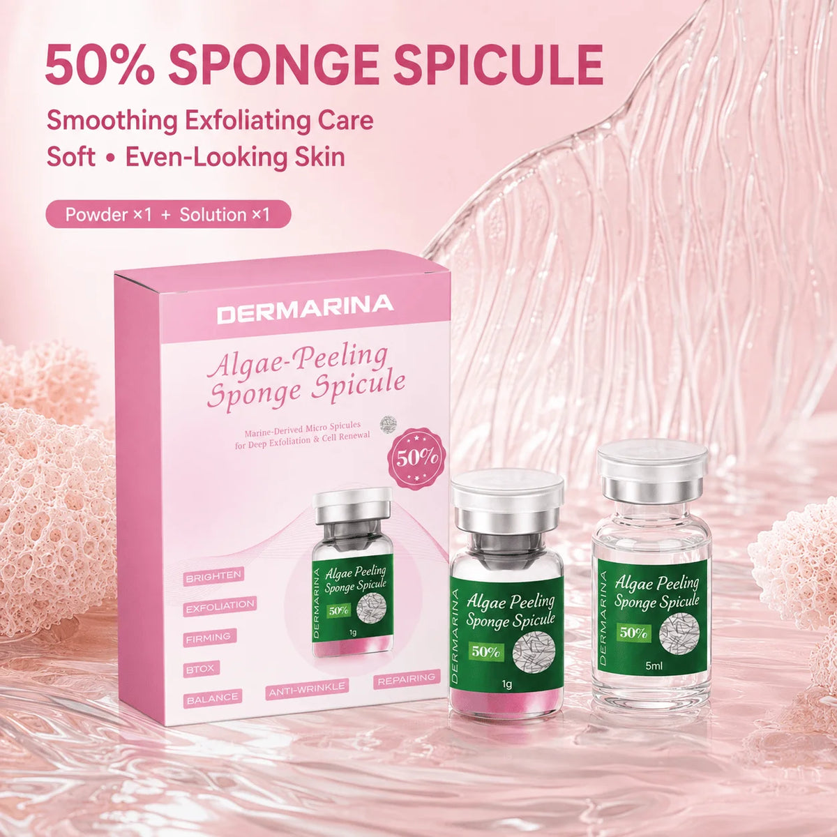 Kit facial de polvo exfoliante de algas SANENDI – Polvo de espículas de algas marinas y solución | 10 viales para hidratación profunda y renovación de la piel