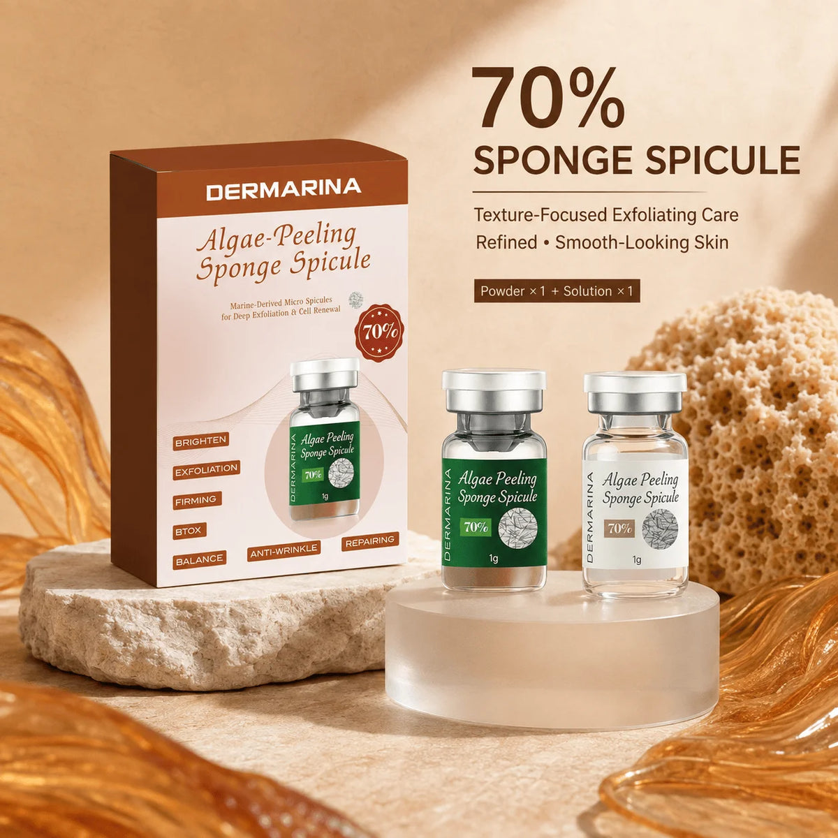 Kit facial de polvo exfoliante de algas SANENDI – Polvo de espículas de algas marinas y solución | 10 viales para hidratación profunda y renovación de la piel
