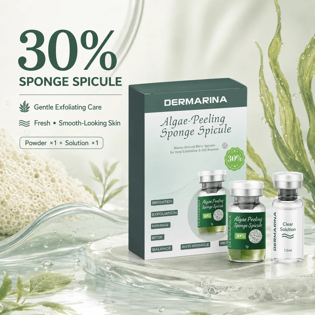 Kit facial de polvo exfoliante de algas SANENDI – Polvo de espículas de algas marinas y solución | 10 viales para hidratación profunda y renovación de la piel