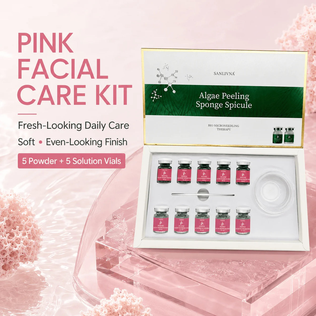 Kit facial de polvo exfoliante de algas SANENDI – Polvo de espículas de algas marinas y solución | 10 viales para hidratación profunda y renovación de la piel