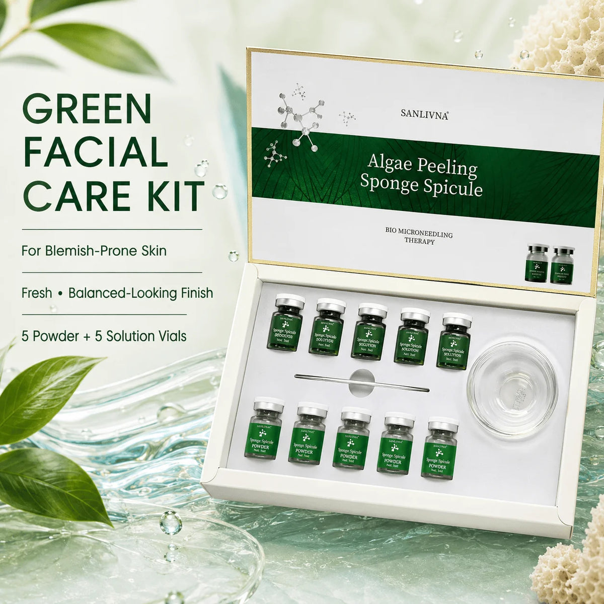 Kit facial de polvo exfoliante de algas SANENDI – Polvo de espículas de algas marinas y solución | 10 viales para hidratación profunda y renovación de la piel