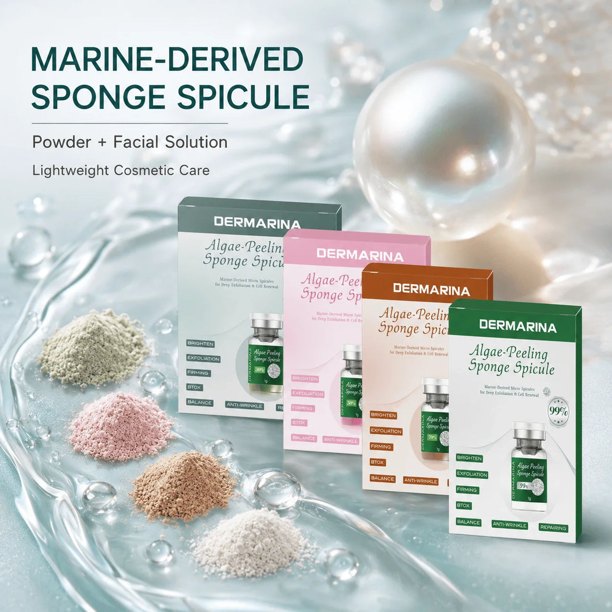 Kit facial de polvo exfoliante de algas SANENDI – Polvo de espículas de algas marinas y solución | 10 viales para hidratación profunda y renovación de la piel