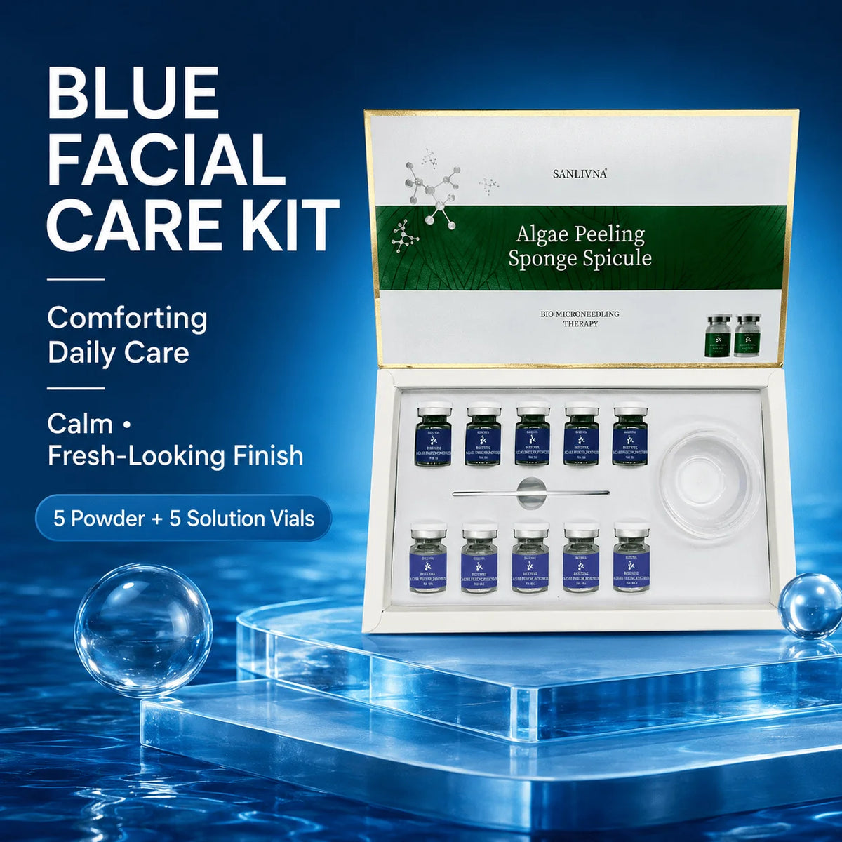 Kit facial de polvo exfoliante de algas SANENDI – Polvo de espículas de algas marinas y solución | 10 viales para hidratación profunda y renovación de la piel