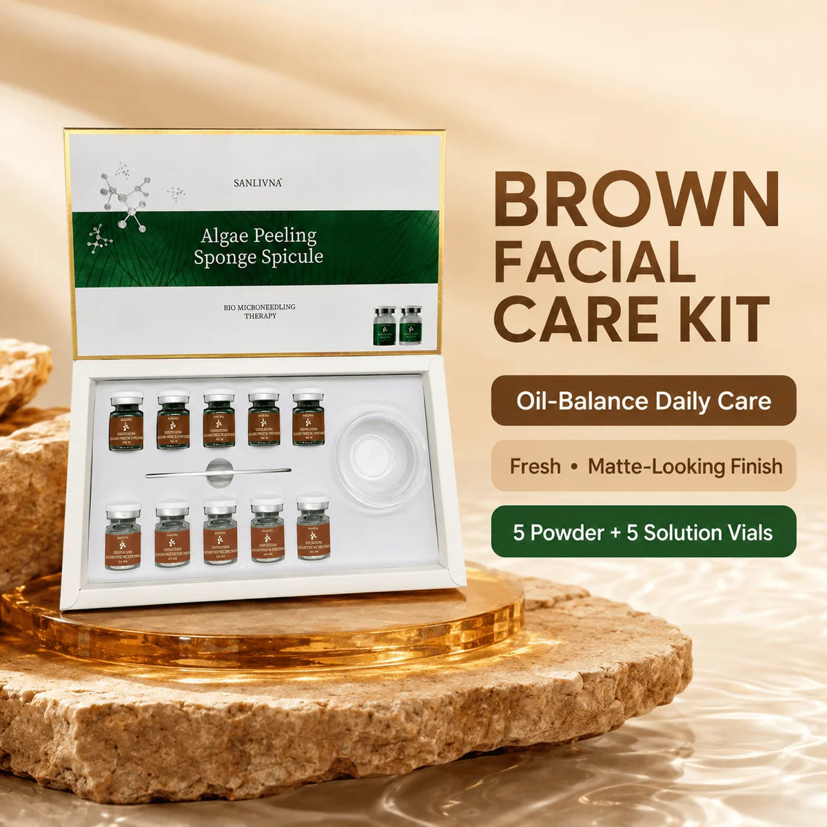 Kit facial de polvo exfoliante de algas SANENDI – Polvo de espículas de algas marinas y solución | 10 viales para hidratación profunda y renovación de la piel