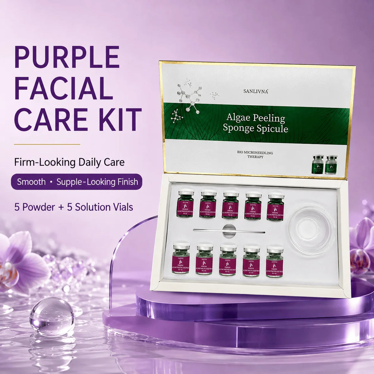 Kit facial de polvo exfoliante de algas SANENDI – Polvo de espículas de algas marinas y solución | 10 viales para hidratación profunda y renovación de la piel