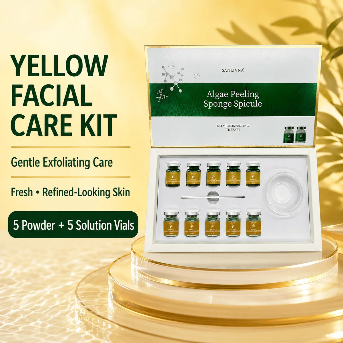 Kit facial de polvo exfoliante de algas SANENDI – Polvo de espículas de algas marinas y solución | 10 viales para hidratación profunda y renovación de la piel