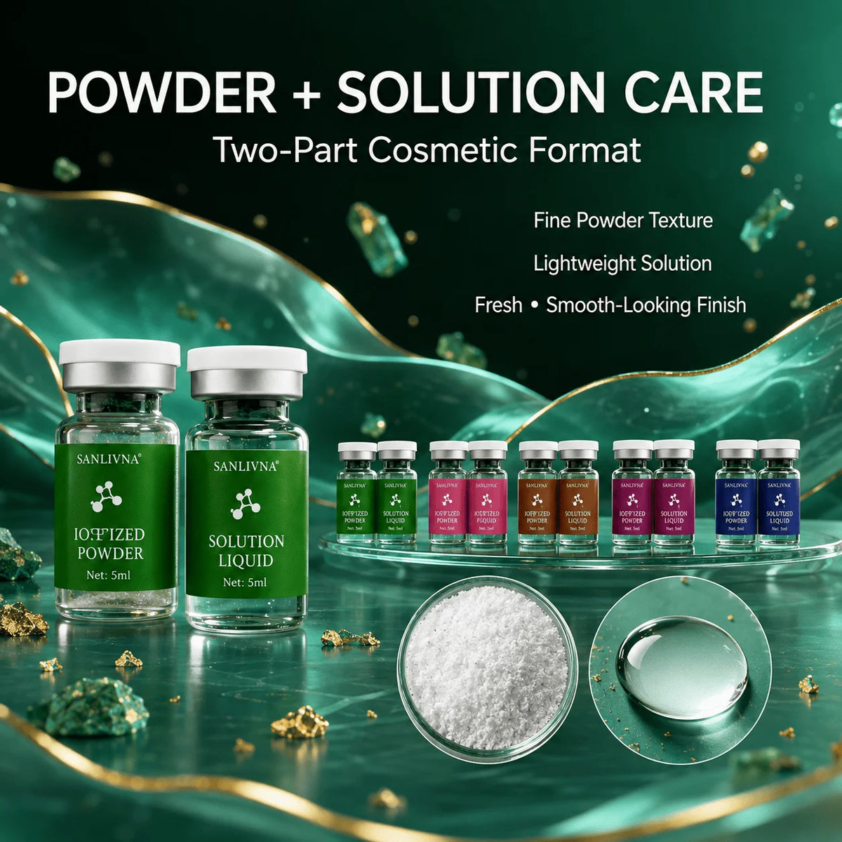 Kit facial de polvo exfoliante de algas SANENDI – Polvo de espículas de algas marinas y solución | 10 viales para hidratación profunda y renovación de la piel