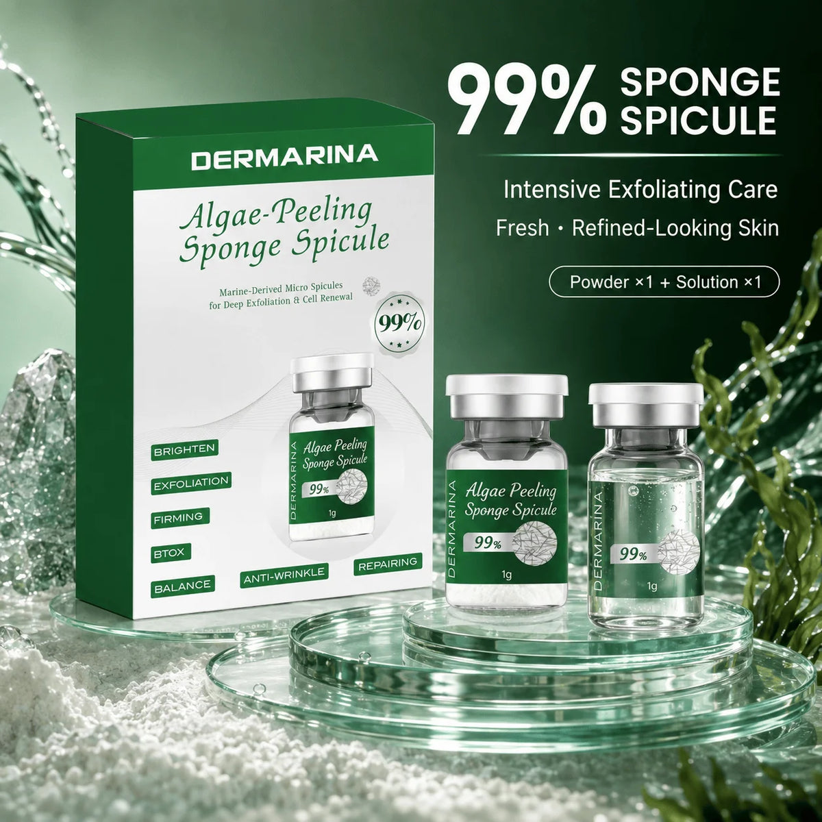 Kit facial de polvo exfoliante de algas SANENDI – Polvo de espículas de algas marinas y solución | 10 viales para hidratación profunda y renovación de la piel