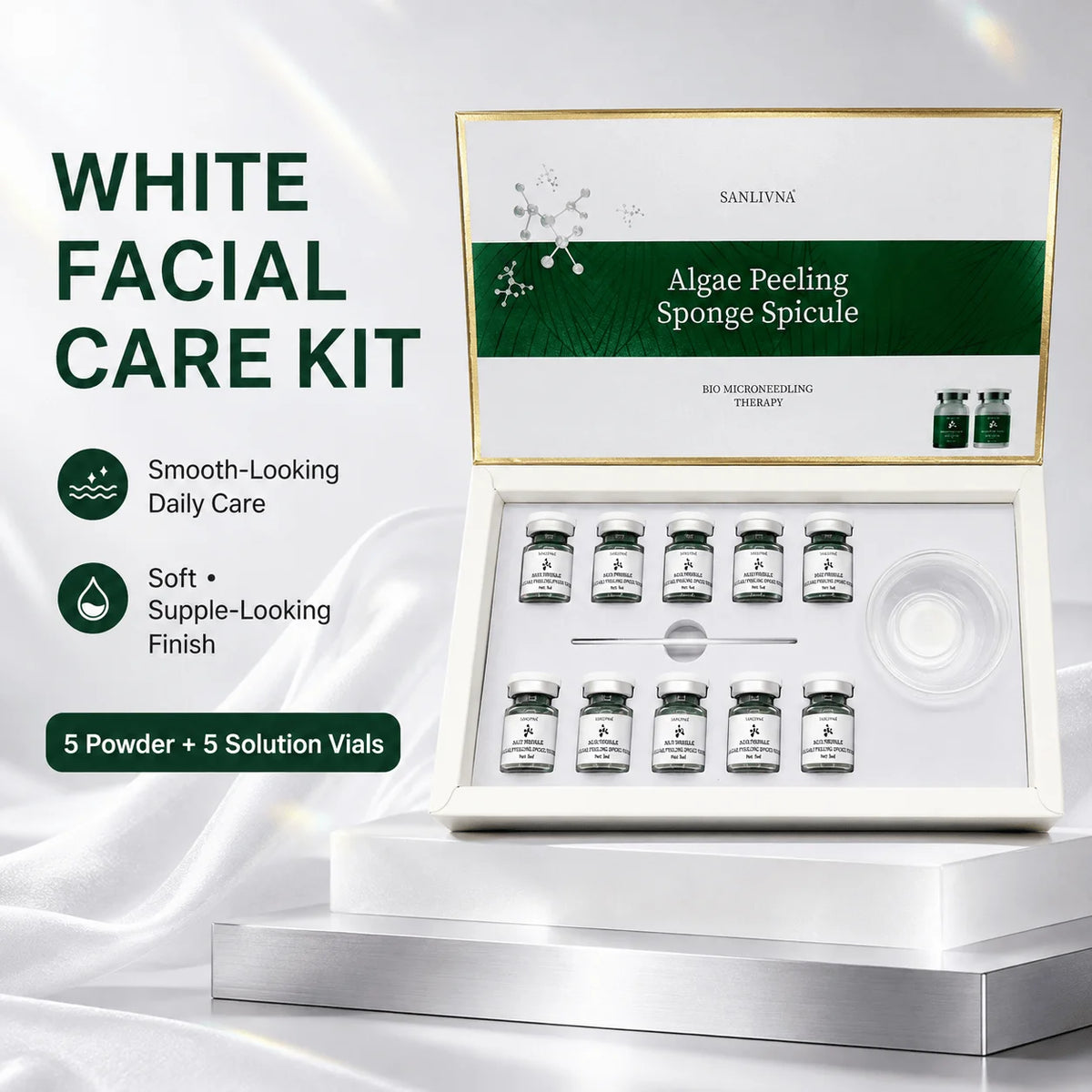 Kit facial de polvo exfoliante de algas SANENDI – Polvo de espículas de algas marinas y solución | 10 viales para hidratación profunda y renovación de la piel