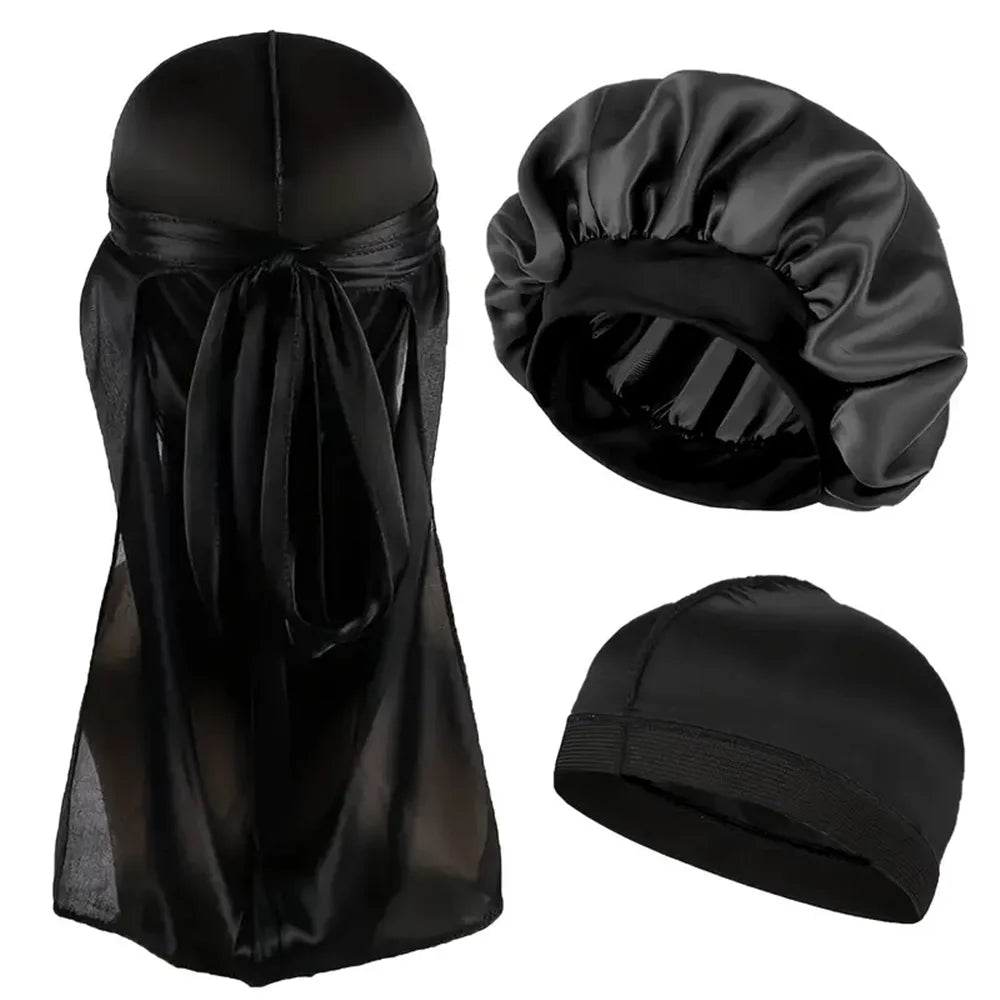 3-teiliges Set aus Durag, Bonnet & Dome-Cap – Einfarbige elastische Satin-Schlafmütze | Leichtes Haarschutz-Set für die Nacht
