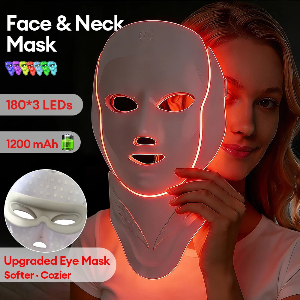 Wireless 7-Color LED Facial & Neck Mask – Photon Light Therapy for Skin Tightening, Rejuvenation & Anti-Aging Skincare at Home