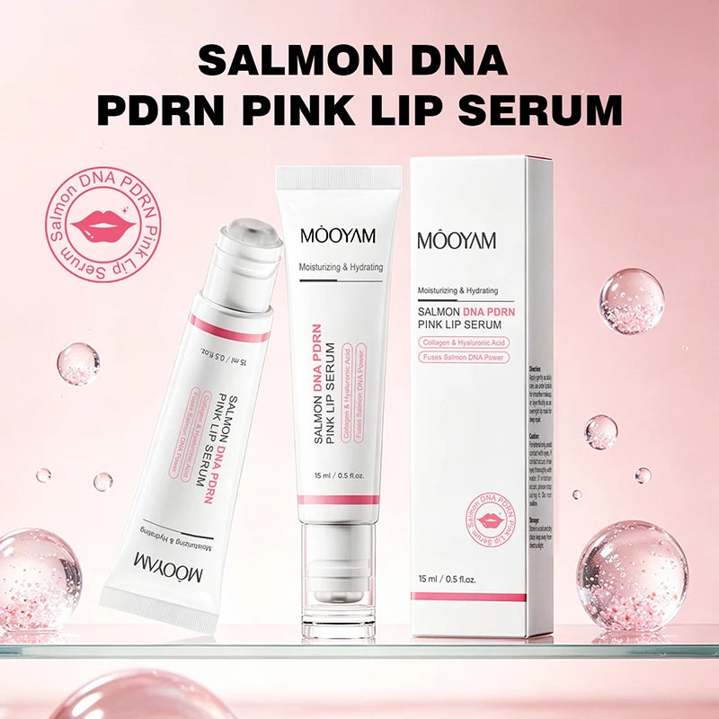 Sérum labial rosa de ADN de salmón PDRN – 15 ml, hidratación reparadora de larga duración para labios agrietados, líneas labiales y aclarado de tono apagado