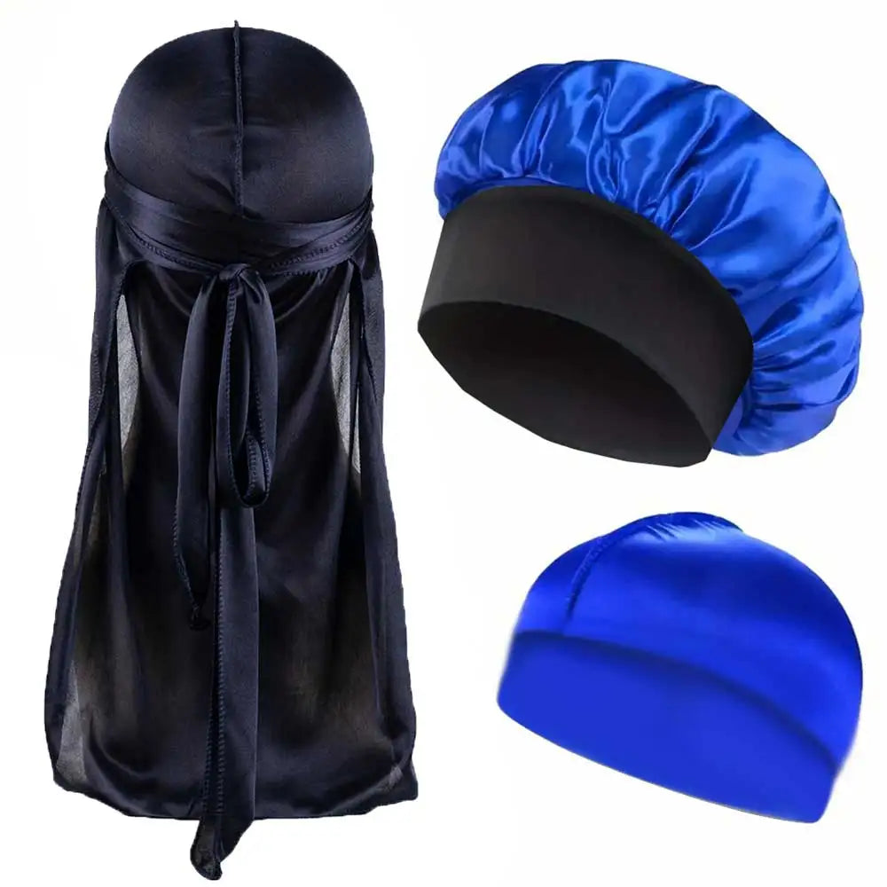 3-teiliges Set aus Durag, Bonnet & Dome-Cap – Einfarbige elastische Satin-Schlafmütze | Leichtes Haarschutz-Set für die Nacht