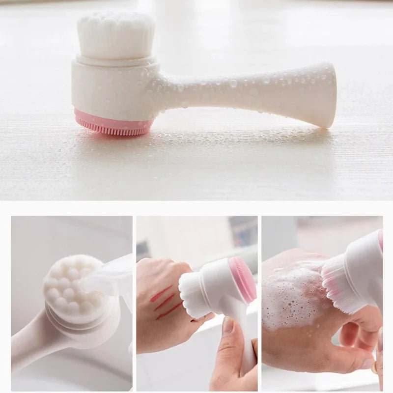 Brosse nettoyante visage 3D double face en silicone – Exfoliant manuel à poils souples et brosse de massage pour le lavage du visage