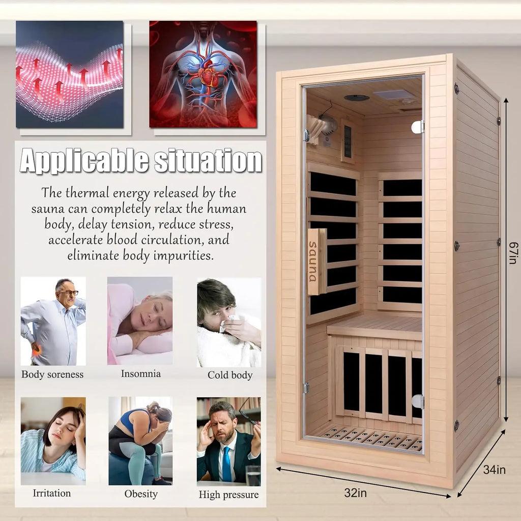 Sauna infrarroja personal para el hogar – Sauna seca de cicuta, bajo EMF, 1200 W / 110 V | Panel de control LCD | Cabina de sauna interior personalizable