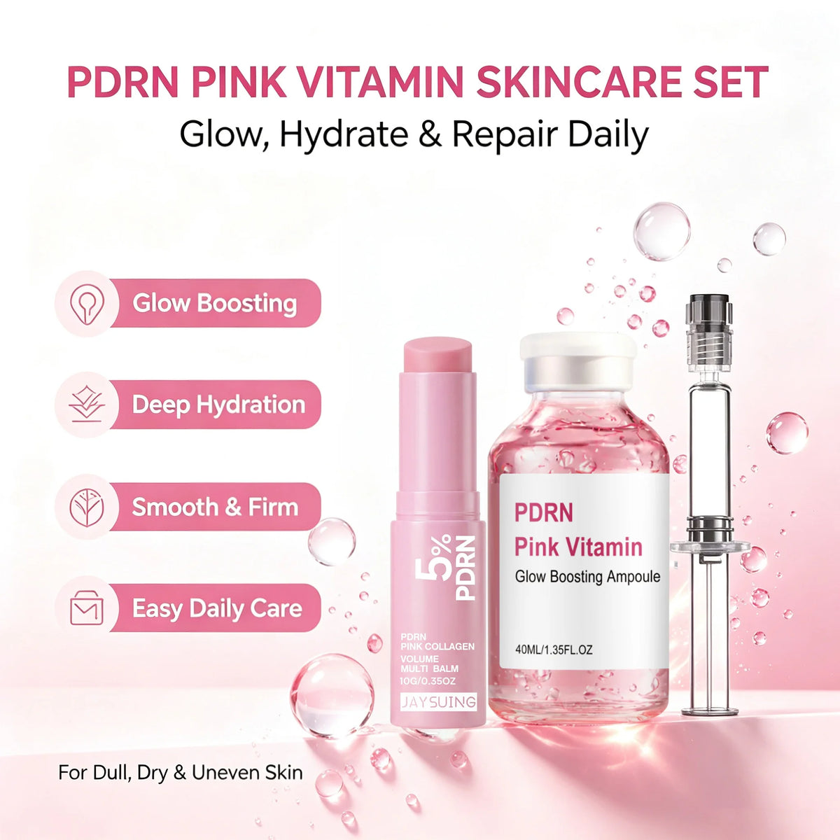 PDRN Hautpflege-Set – Pink Collagen Volume Multi Balm Stick & Gesichtsserum zur Feuchtigkeitspflege, Straffung & Volumenaufbau | Gesicht, Lippen & Augenpartie