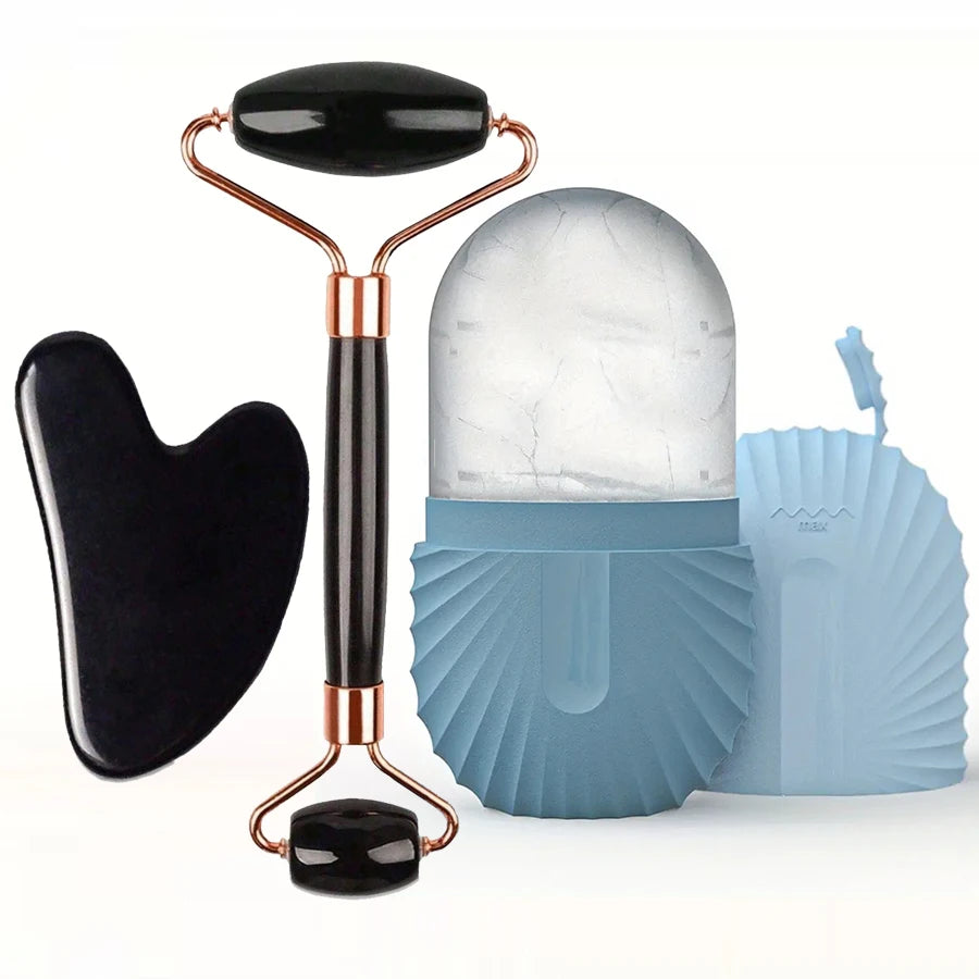 Set de rodillo de hielo para el rostro y herramienta facial Gua Sha: rodillo de masaje facial para reafirmar, contornear y desinflamar la piel en tu rutina de cuidado diario