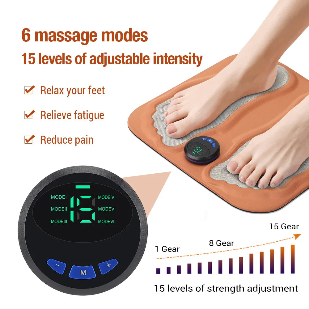 Almohadilla de masaje de pies 3D EMS y TENS – Estimulador muscular eléctrico para piernas, 6 modos, 15 niveles | Cojín plegable para la circulación sanguínea y la relajación