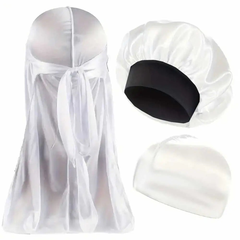 3-teiliges Set aus Durag, Bonnet & Dome-Cap – Einfarbige elastische Satin-Schlafmütze | Leichtes Haarschutz-Set für die Nacht