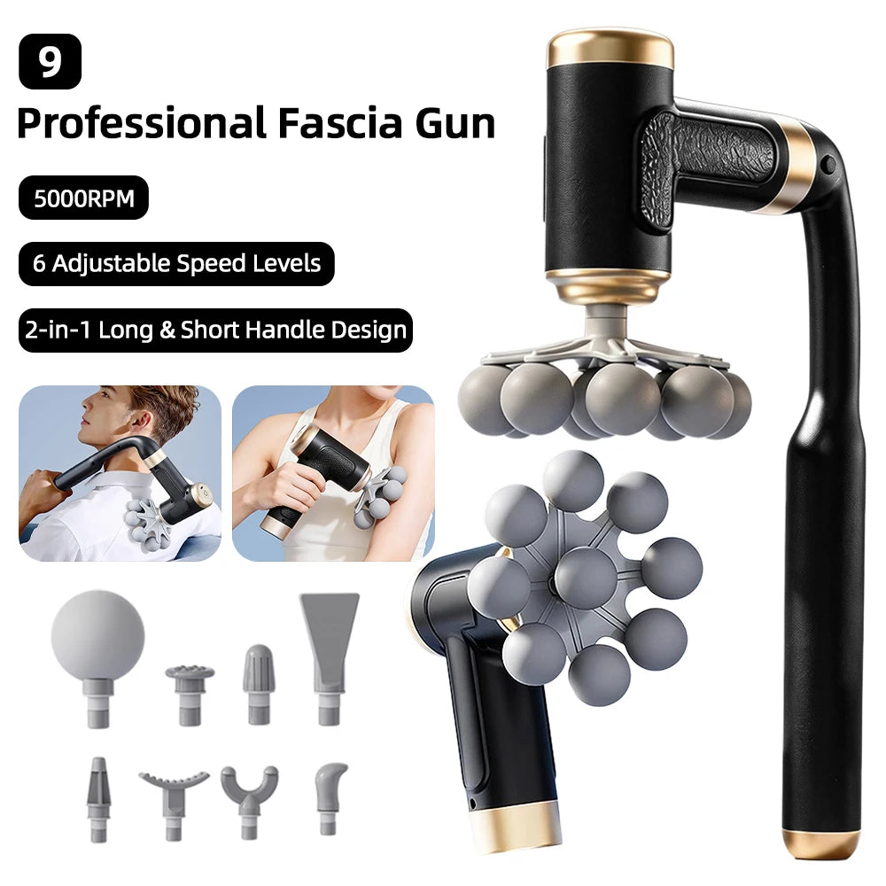 2-in-1 Long & Short Handle Fascia Gun – 9 Heads & High-Frequency Vibration for Shoulder, Waist, Back & Full Body