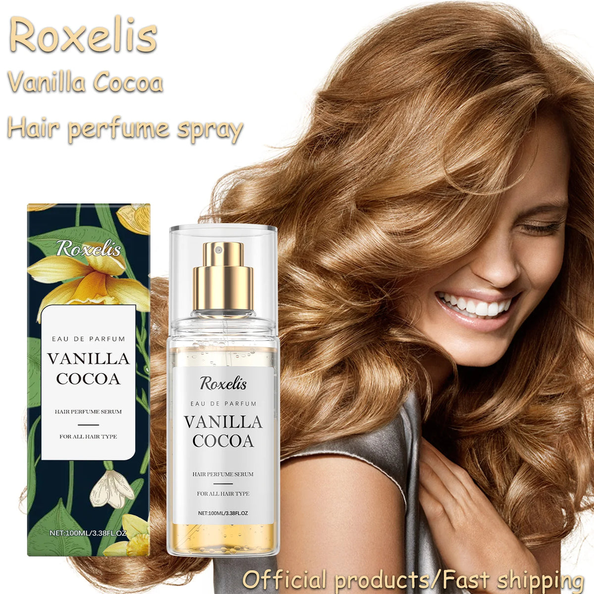 Brume parfumée pour cheveux et corps Roxelis Vanille Cacao – Senteur gourmande et fraîche pour cheveux et peau