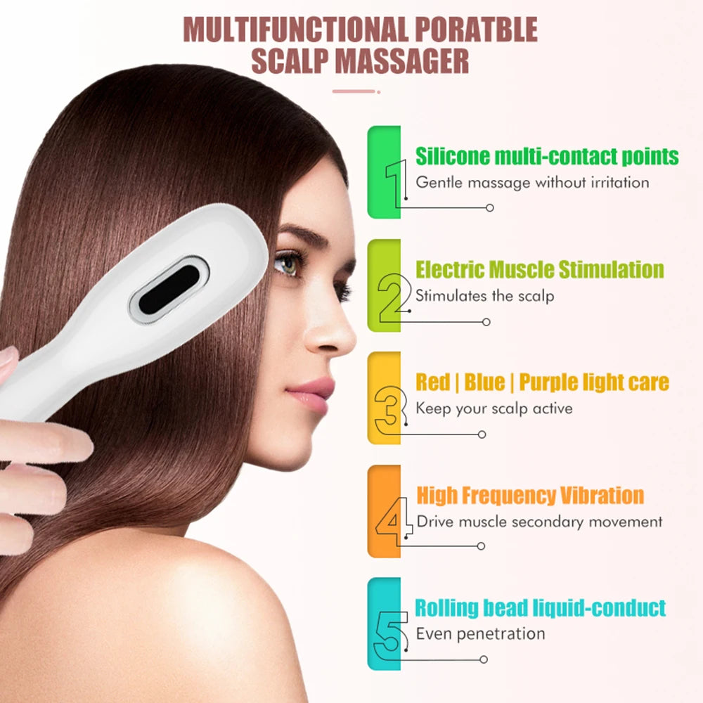 Peine eléctrico para el crecimiento del cabello y aplicador de aceite – Cepillo masajeador de cuero cabelludo con luz LED roja y azul + vibración EMS para la caída del cabello y su regeneración