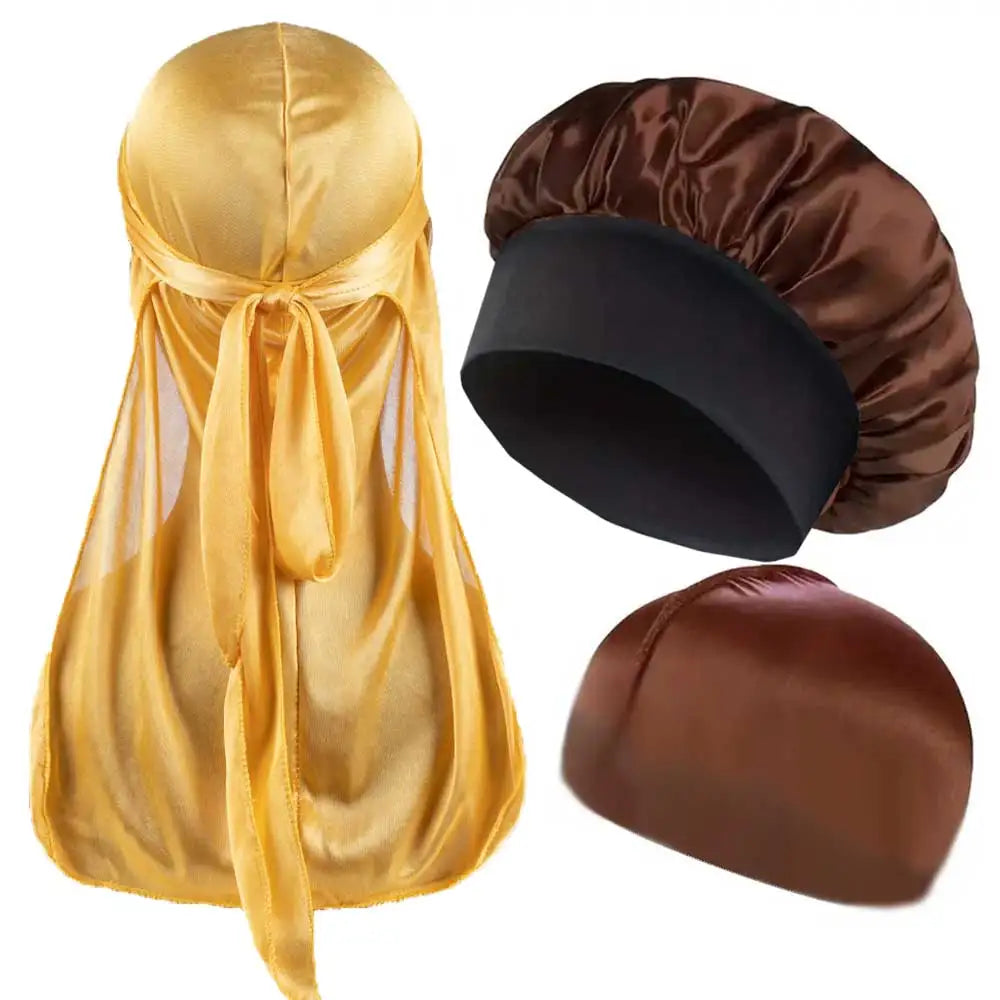 3-teiliges Set aus Durag, Bonnet & Dome-Cap – Einfarbige elastische Satin-Schlafmütze | Leichtes Haarschutz-Set für die Nacht