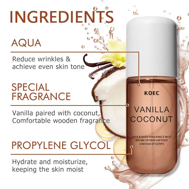 KOEC Vanille & Kokos Duftspray – Erfrischendes, feuchtigkeitsspendendes Parfum mit dreifacher Pflanzenformel