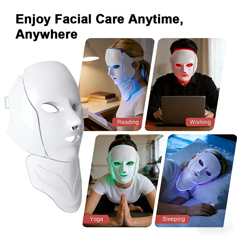 Wireless 7-Color LED Facial & Neck Mask – Photon Light Therapy for Skin Tightening, Rejuvenation & Anti-Aging Skincare at Home