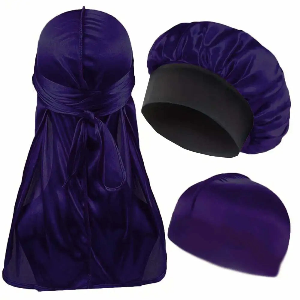 3-teiliges Set aus Durag, Bonnet & Dome-Cap – Einfarbige elastische Satin-Schlafmütze | Leichtes Haarschutz-Set für die Nacht
