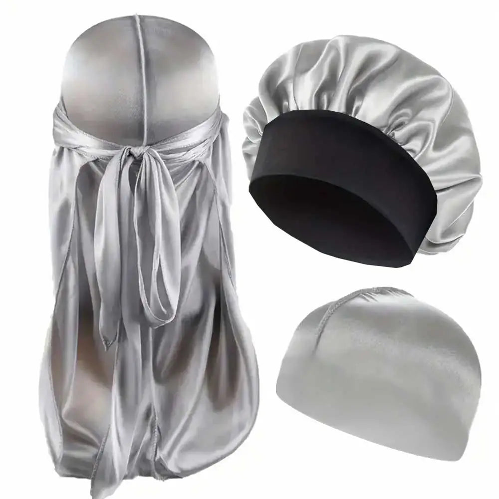 3-teiliges Set aus Durag, Bonnet & Dome-Cap – Einfarbige elastische Satin-Schlafmütze | Leichtes Haarschutz-Set für die Nacht
