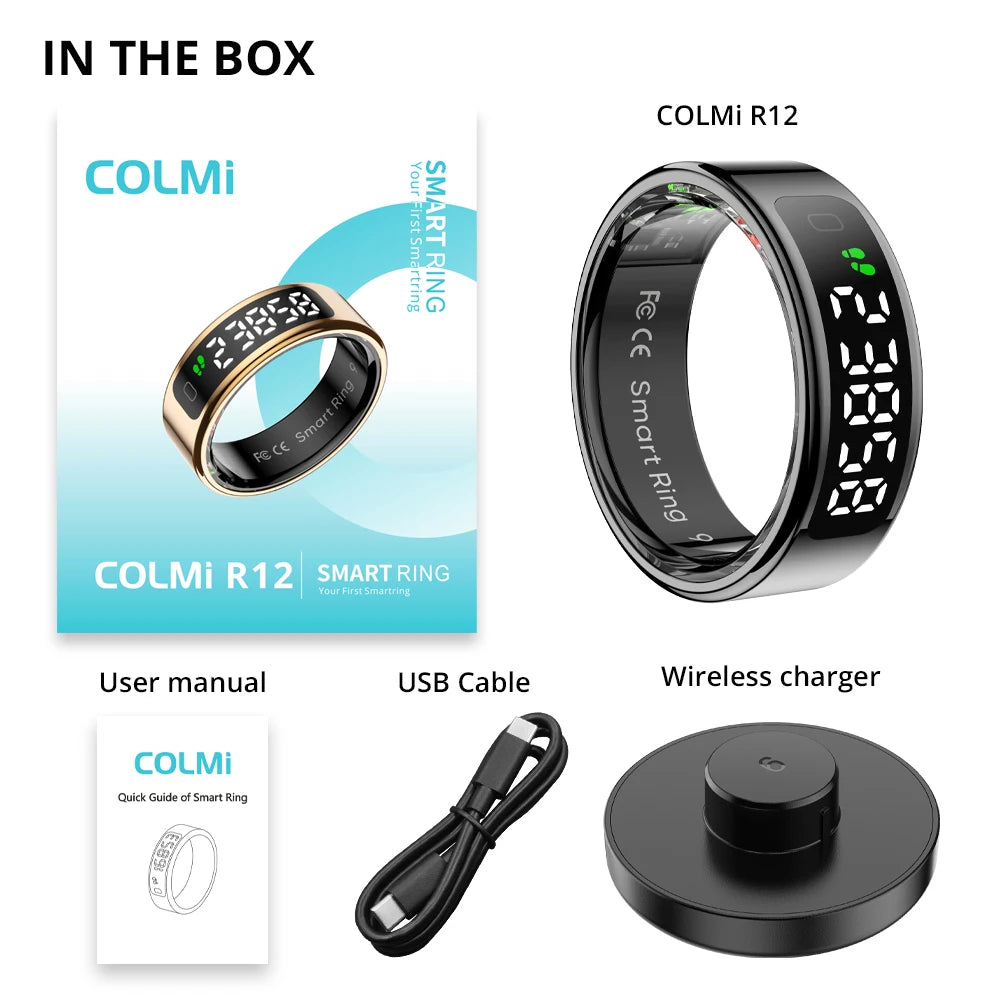 Bague connectée COLMI R12 2025 – Écran d'affichage et tactile, chargement sans fil, gestionnaire de santé, étanche 5 ATM | Bague connectée pour hommes et femmes