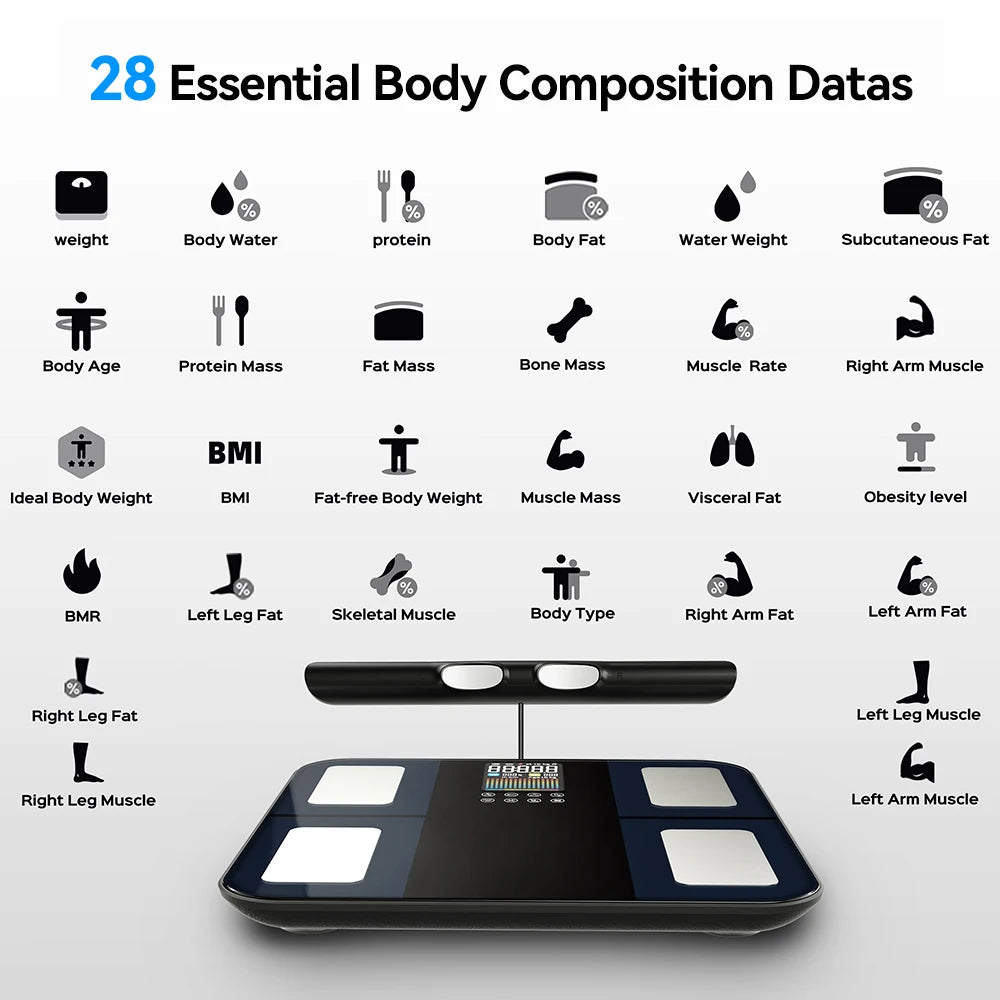 Báscula de composición corporal digital inteligente – Bioimpedancia para grasa corporal, peso y seguimiento de la salud | Báscula inteligente de equilibrio corporal para monitoreo de bienestar