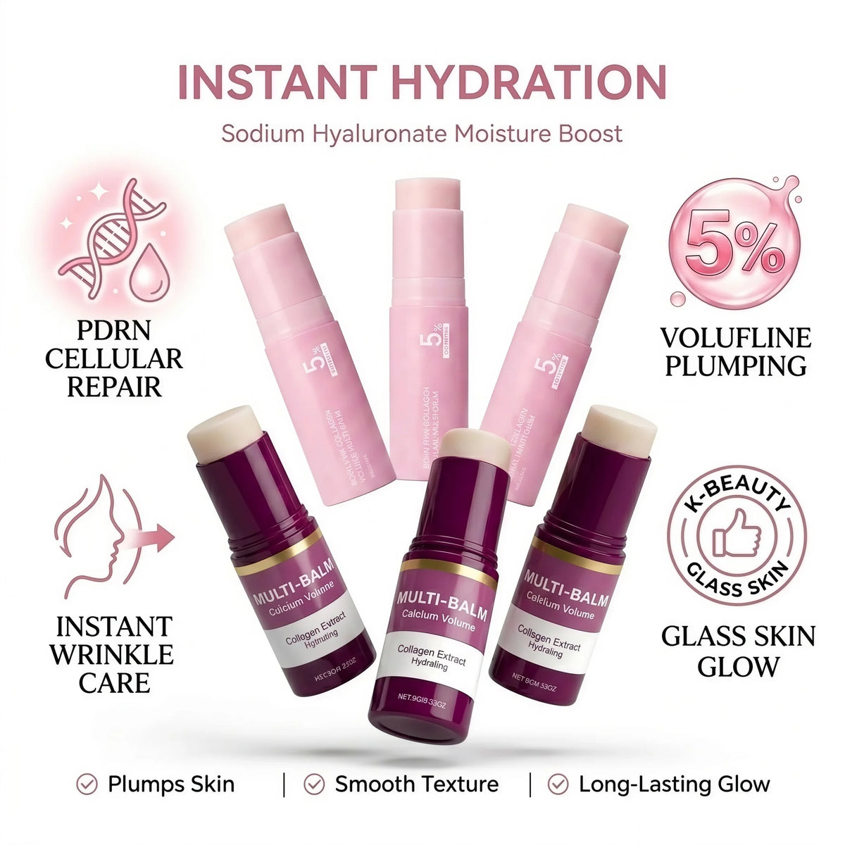 K-Beauty PDRN 5% + Volufiline Collagen Multi Balm Stick – Reparador facial, reafirmante y voluminizador antiedad para rostro, cuello y contorno de ojos