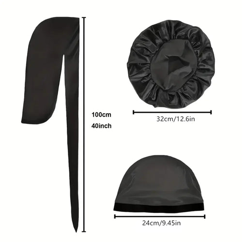 Set de 3 piezas: Durag, gorro de satén y gorro tipo domo – Conjunto de noche elástico de color sólido | Set ligero para protección del cabello al dormir