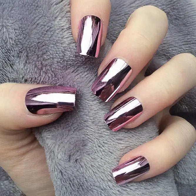 24-Piece Glossy Rose Pink Chrome Press-On Nails – Metallic Mirror Finish Short Square Fake Nails for Women & Girls