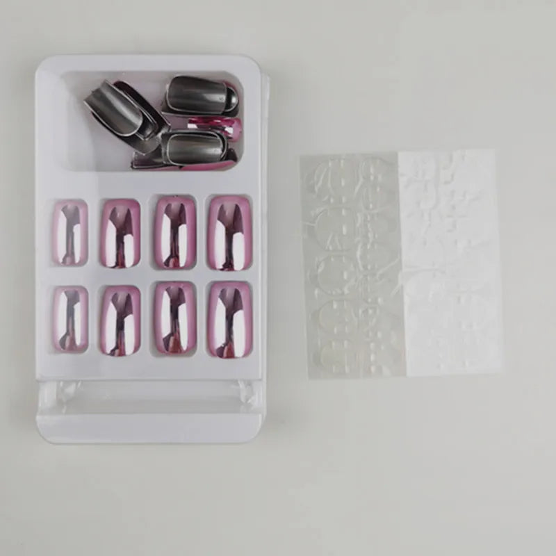 24-Piece Glossy Rose Pink Chrome Press-On Nails – Metallic Mirror Finish Short Square Fake Nails for Women & Girls