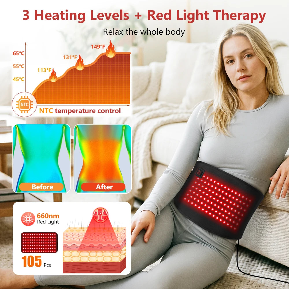 USB Electric 660nm Red Light Waist Belt – 105 LED Heating Pad for Menstrual Relief, Shoulder, Lumbar & Back Pain | Hot Compress Joint & Muscle Relaxation