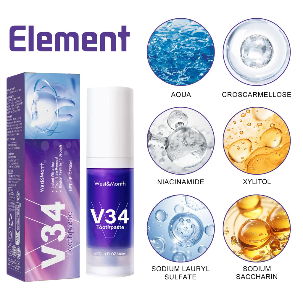 V34 Zahnaufhellungs-Zahnpasta – 30 ml intensiver Flecken- und Plaque-Entferner für gelbe Zähne, frischen Atem & Zahnfleischschutz
