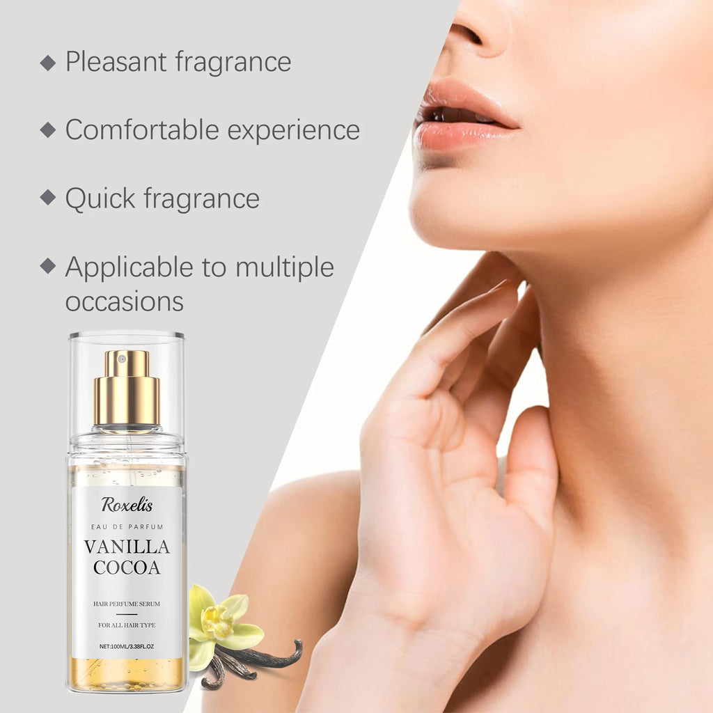 Brume parfumée pour cheveux et corps Roxelis Vanille Cacao – Senteur gourmande et fraîche pour cheveux et peau