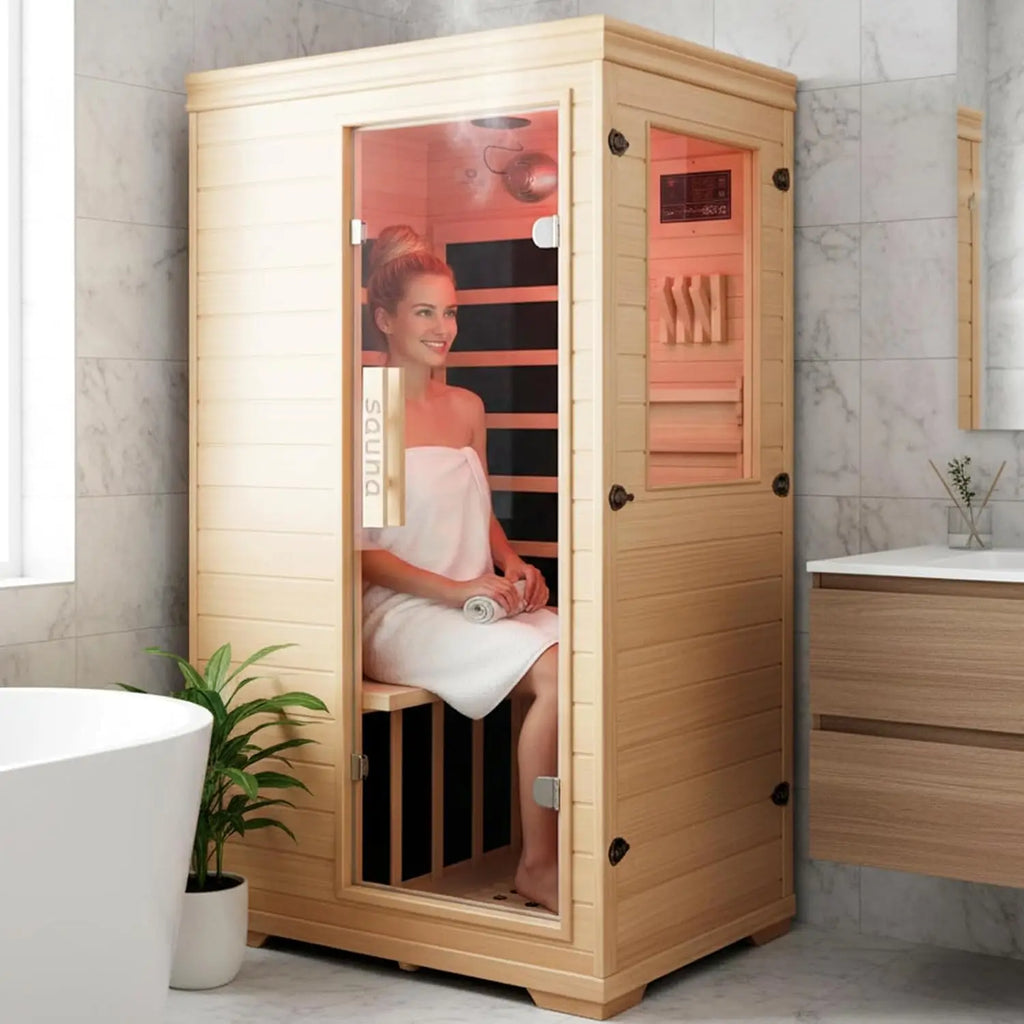 Mini sauna infrarouge 1 personne – Sauna d'intérieur compact de 1,5 m avec porte vitrée à ouverture latérale | Sauna domestique peu encombrant pour petits espaces | Personnalisable