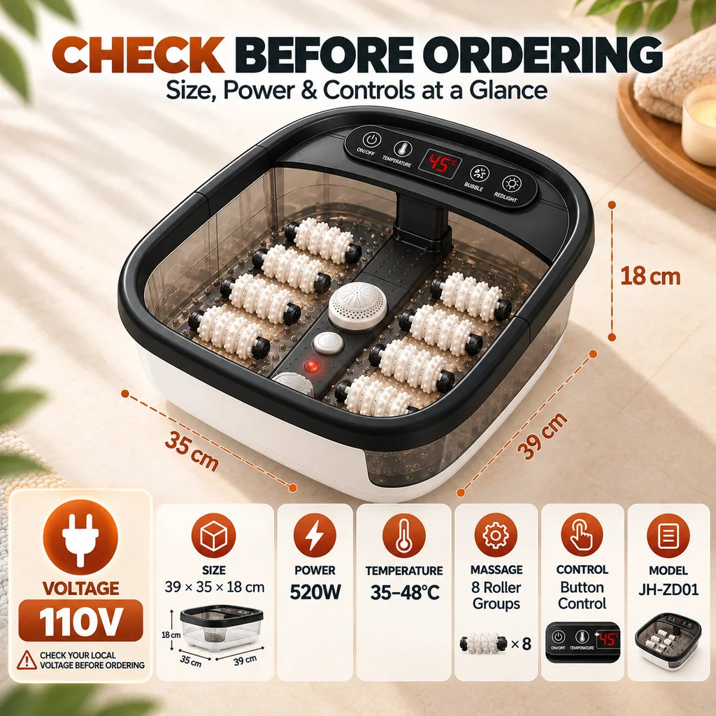 Masajeador de pies eléctrico con hidromasaje – 520W, 35–48°C, masaje con burbujas, terapia de luz roja y 8 grupos de rodillos | Pediluvio doméstico con pantalla digital