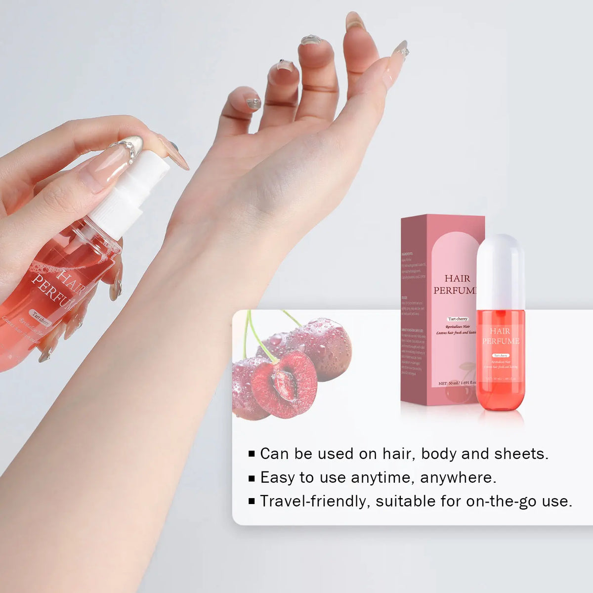 Parfum pour cheveux à la cerise acidulée – Eau de parfum pour femme, brume parfumée longue durée pour cheveux, corps et oreillers (50 ml)