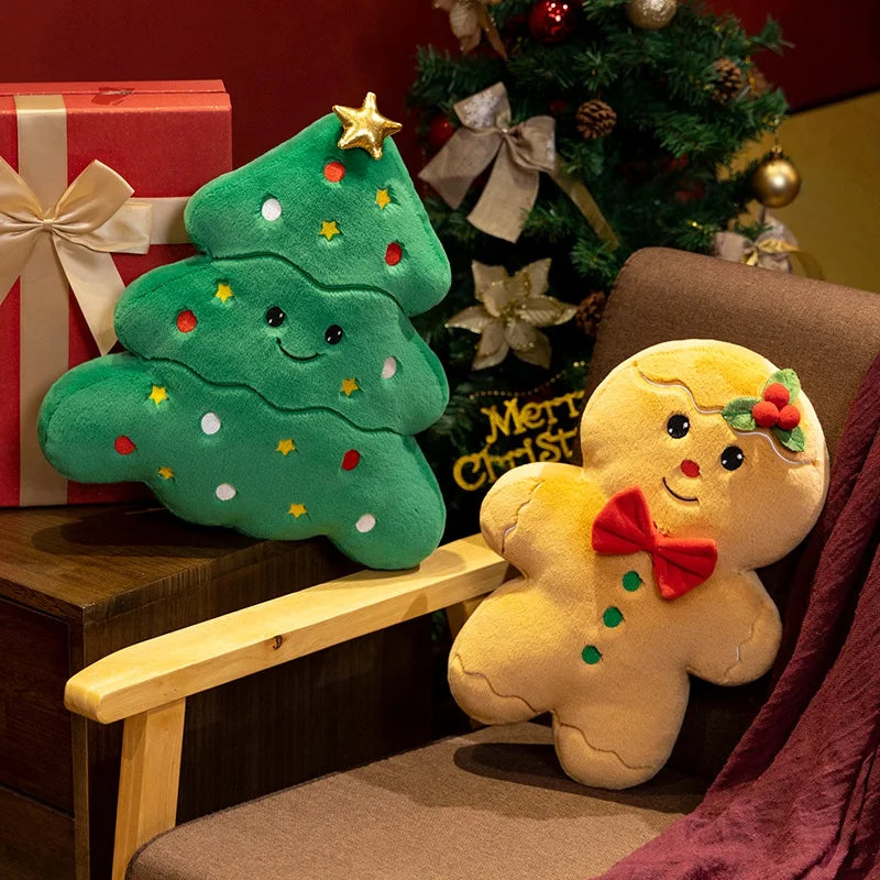 Christmas Plush Throw Pillow Set – 4 Styles: Snowman, Gingerbread Man, House & Tree | 35-38cm Holiday Décor Cushions with Polyester Fill