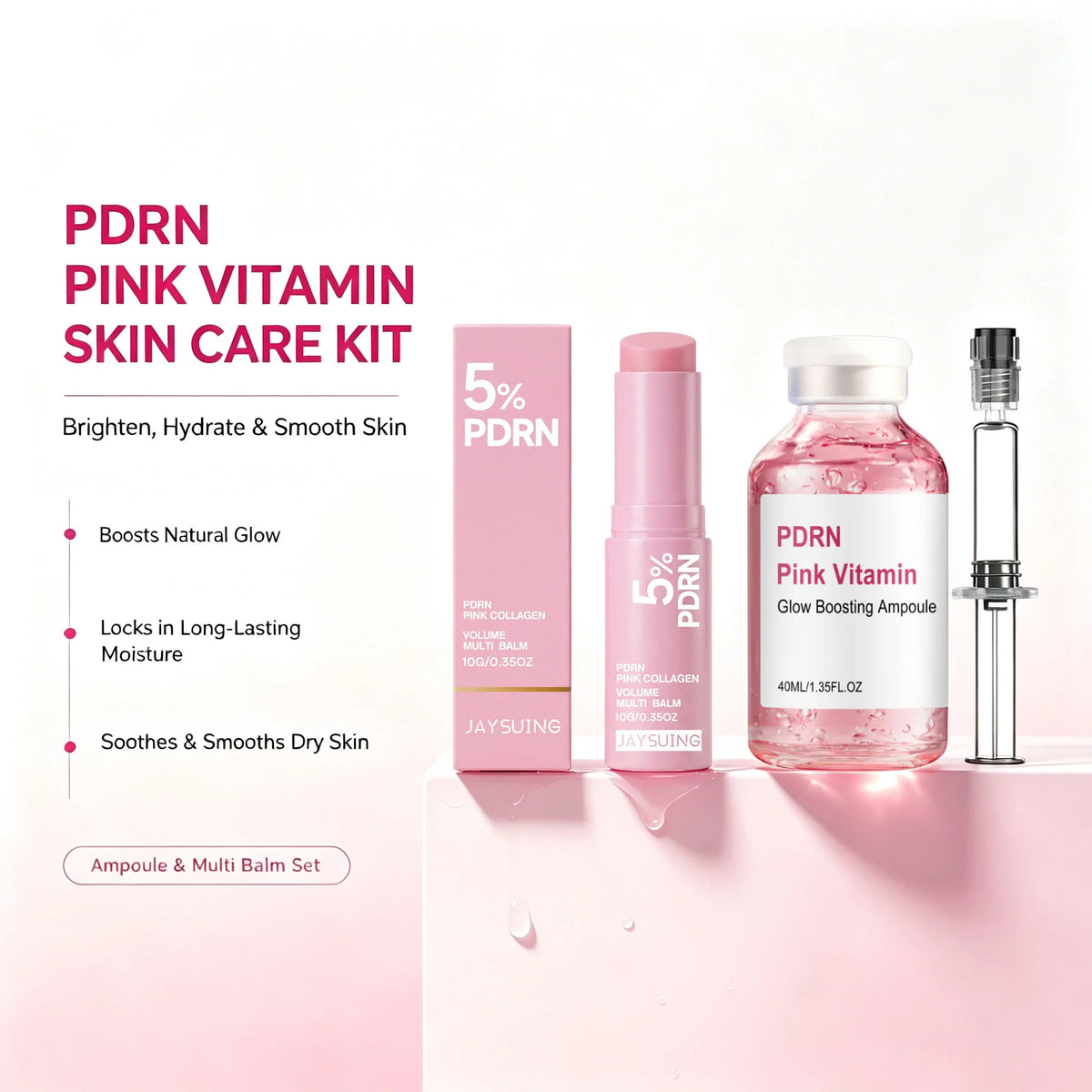 PDRN Hautpflege-Set – Pink Collagen Volume Multi Balm Stick & Gesichtsserum zur Feuchtigkeitspflege, Straffung & Volumenaufbau | Gesicht, Lippen & Augenpartie