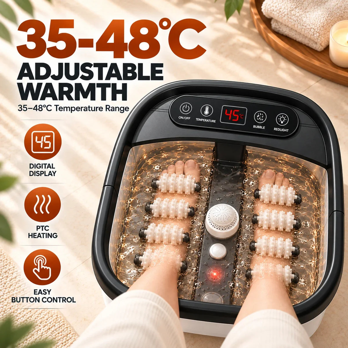 Masajeador de pies eléctrico con hidromasaje – 520W, 35–48°C, masaje con burbujas, terapia de luz roja y 8 grupos de rodillos | Pediluvio doméstico con pantalla digital